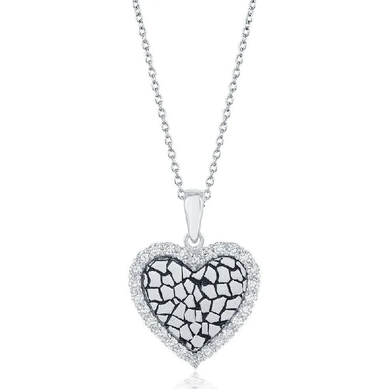 Sterling Silver CZ Border Heart with Cobblestone Design Necklace