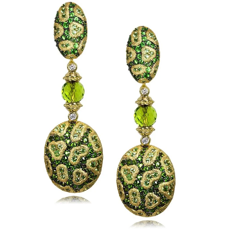 Gold Fine Lace Drop Earrings, Chrome Diopside, Peridot