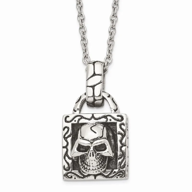 Stainless Steel Polished and Antiqued Skull Necklace