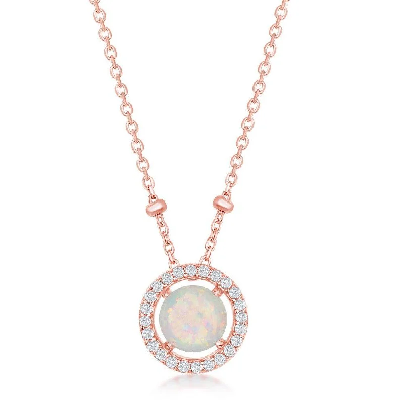 Sterling Silver Round White Opal with CZ Halo Beads Necklace