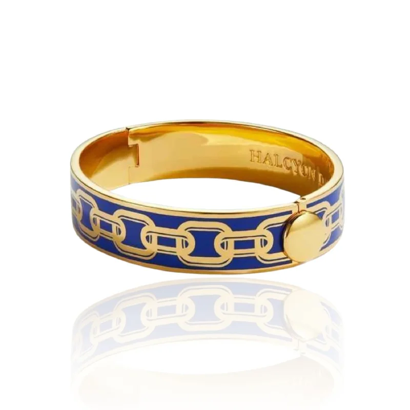 HALCYON DAYS 18K YELLOW GOLD 13MM CHAIN COBALT ENAMEL BANGLE BRACELET