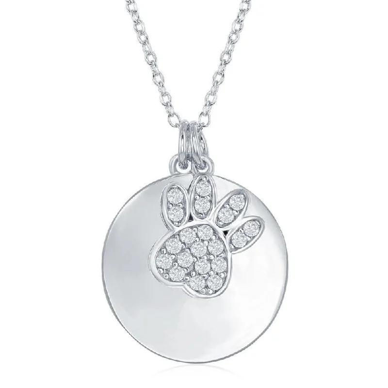 Sterling Silver Shiny Disc with Micro Pave Bear Paw Necklace