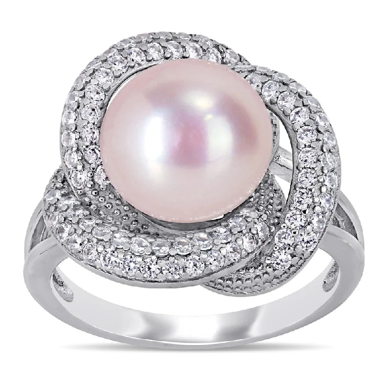 Miadora Sterling Silver Pink Cultured FW Pearl and CZ Swirl Floral Halo Ring (10-11 mm)