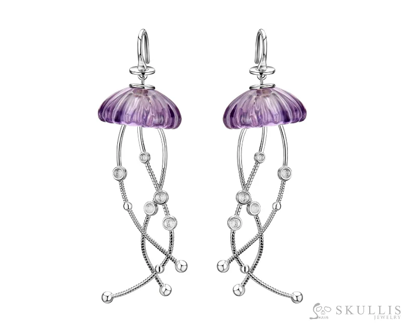 Gem Earrings of Amethyst Carved Jellyfish with Moonstone, 925 Sterling Silver