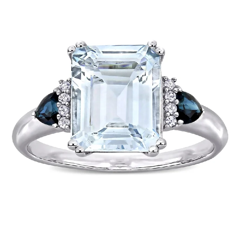 Miadora Sterling Silver Multi-Cut Ice Aquamarine Blue Sapphire and Diamond 3-stone Cocktail Ring