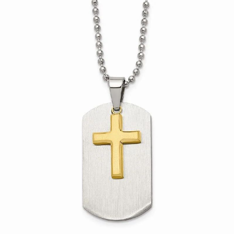 Stainless Steel Polished Dog Tag Yellow IP-plated Brushed Cross Necklace