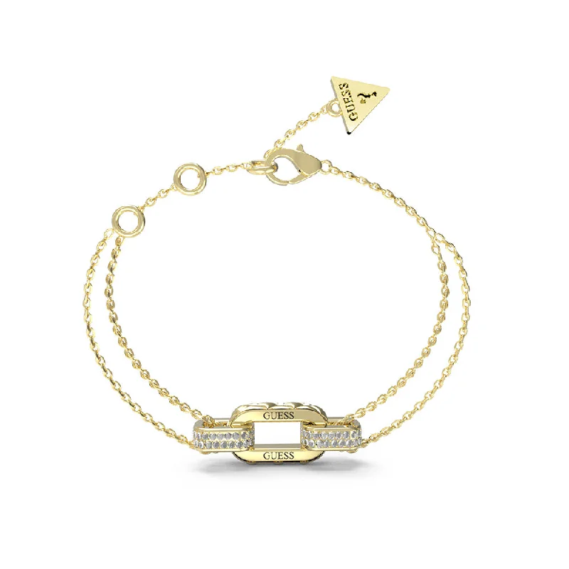 Guess Gold Plated Stainless Steel Matelasse And Pave Double Chain Bracelet