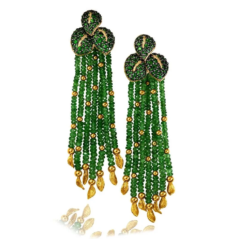 Gold Sunflower Leaf Tassel Earrings with Tsavorites