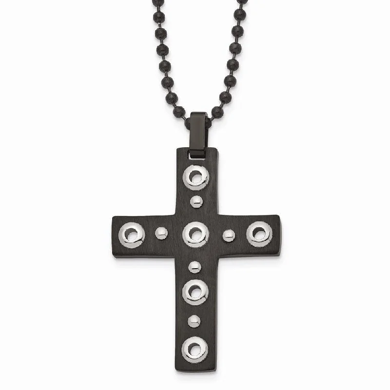 Stainless Steel Brushed and Polished Black IP-plated Cross Necklace