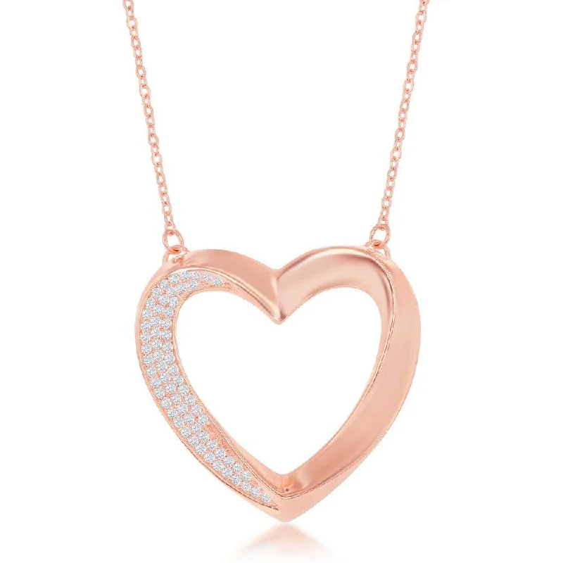 Sterling Silver Half Micro Pave Twisted Open Heart Necklace