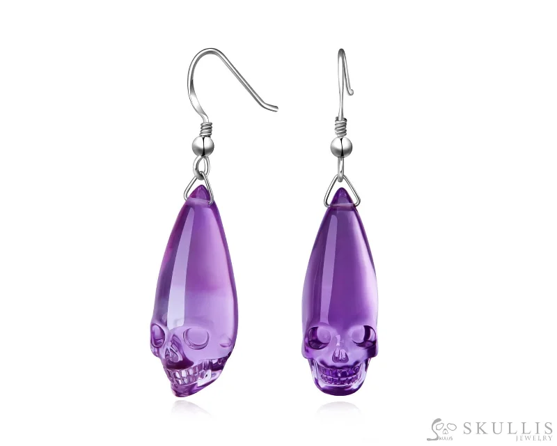 Gem Skull Earrings of Amethyst Carved Skull