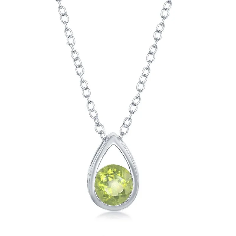 Sterling Silver Open Pear Shaped Round Peridot Necklace