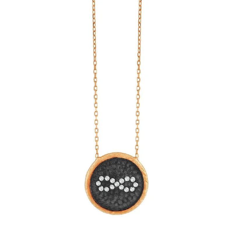 Sterling Silver Rose Gold Plated Black Disc CZ Infinity Necklace