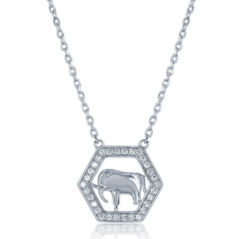 Sterling Silver Open CZ Hexagon with Center Elephant Necklace