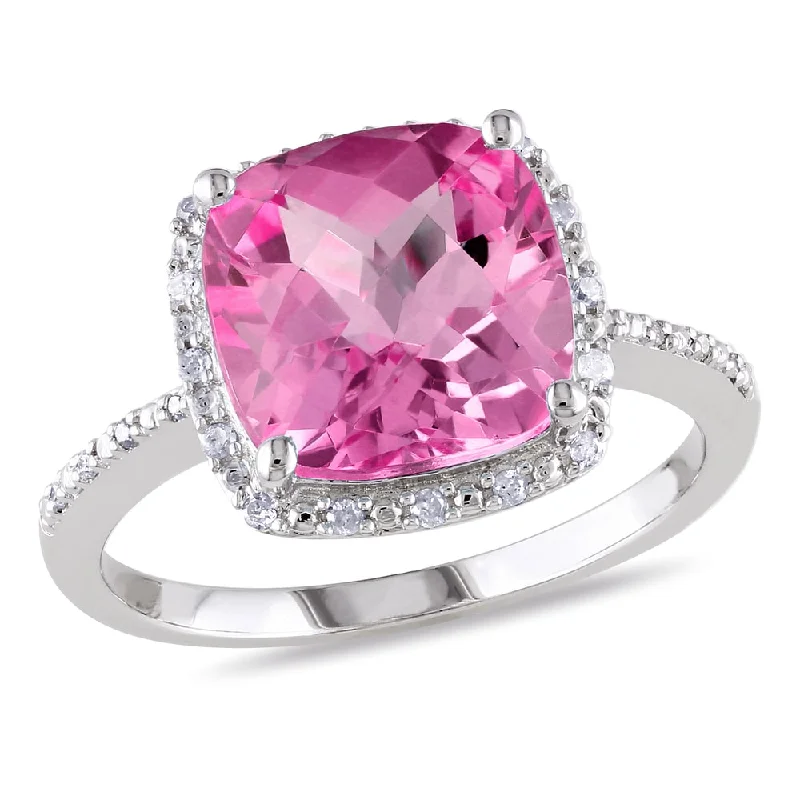 Miadora Sterling Silver Cushion-cut Created Pink Sapphire and 1/10ct TDW Diamond Cocktail Halo Ring