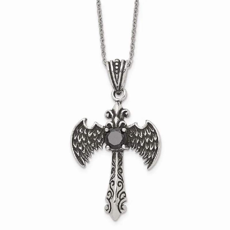 Stainless Steel Antiqued and Polished w/ Black CZ Cross Necklace