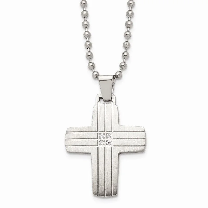 Stainless Steel Polished and Brushed CZ Cross Necklace