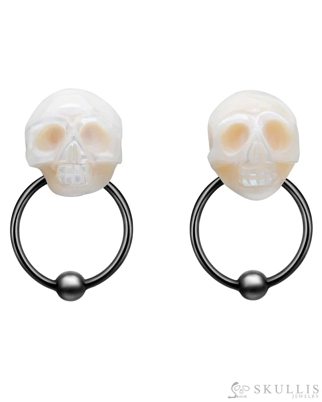 Gem Skull Earrings of Pearl Carved Skull, Black-tone Sterling Silver