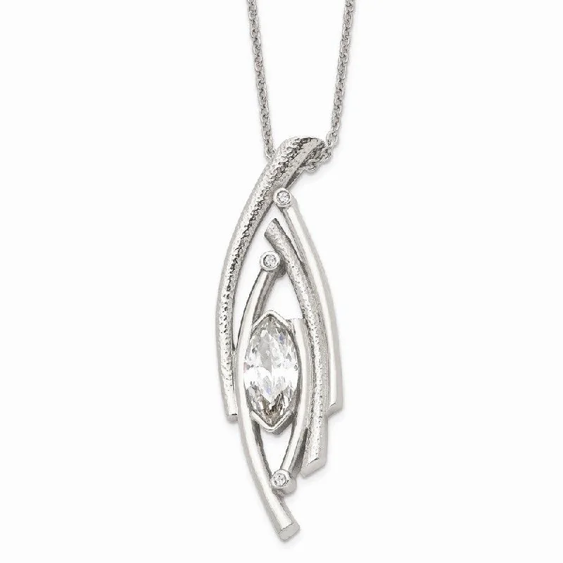 Stainless Steel Polished/Textured CZ w/2in ext. Necklace