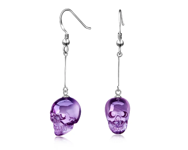 Gem Skull Earrings of Amethyst Carved Skull, 925 Sterling Silver