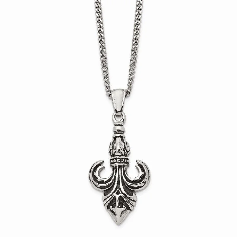 Stainless Steel Polished and Antiqued Fleur de Lis Necklace