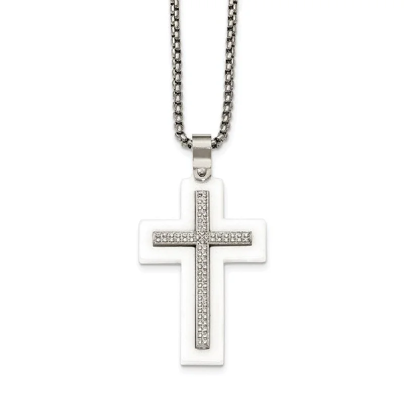 Stainless Steel Polished White Ceramic Cross CZ 23.75in Necklace