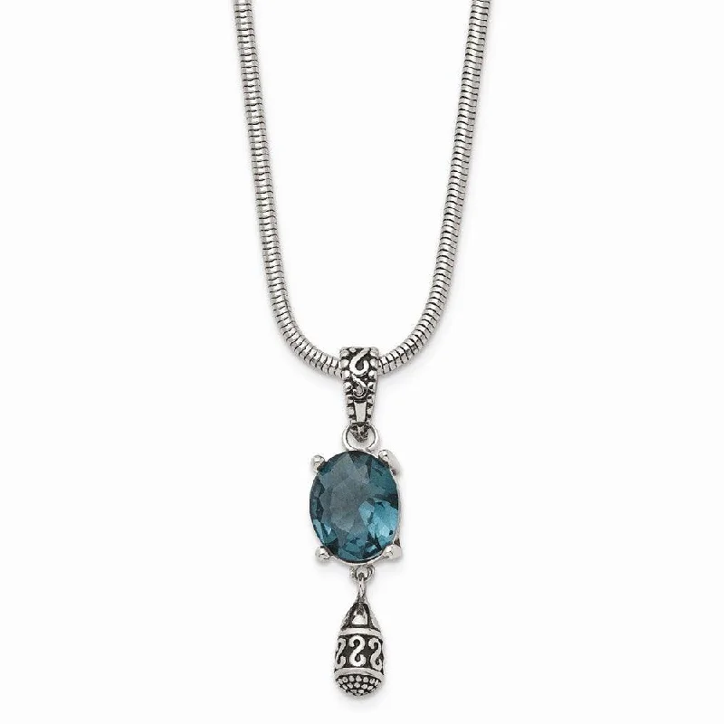 Stainless Steel Polished/Antiqued Blue Glass w/2 in ext. Necklace