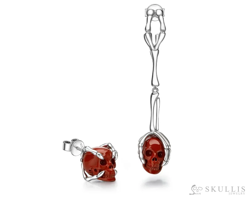 Gem Skull Earrings of Red Jasper Carved Skull in 925 Sterling Silver