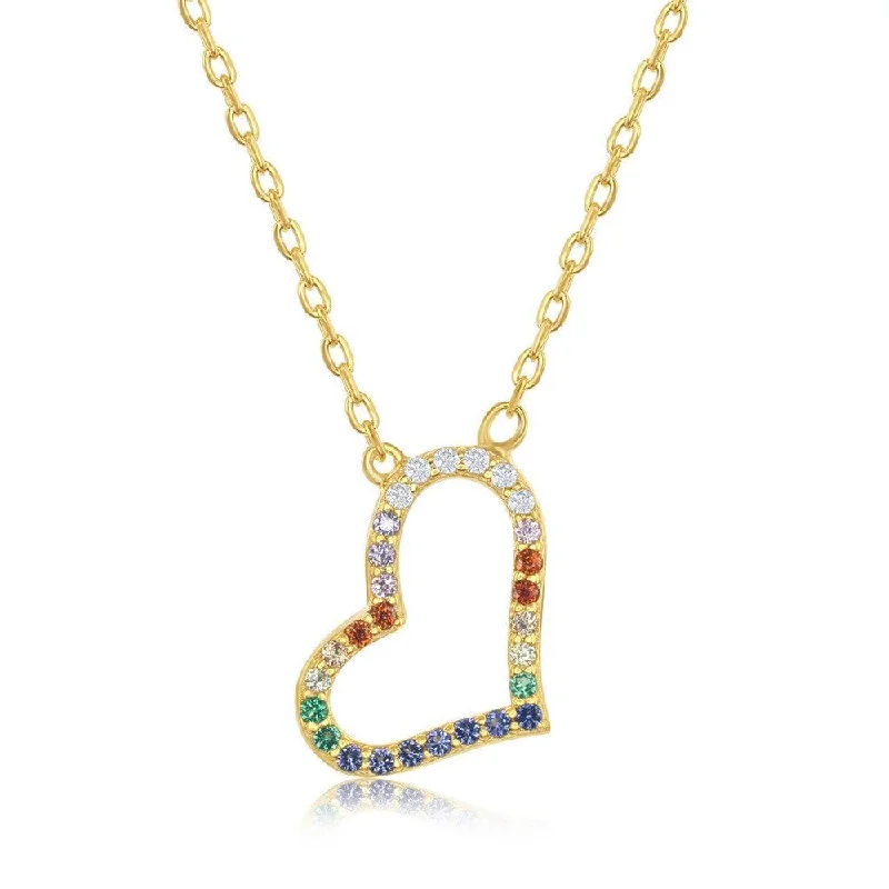 Sterling Silver Gold Plated Rainbow CZ Sideways Heart Necklace