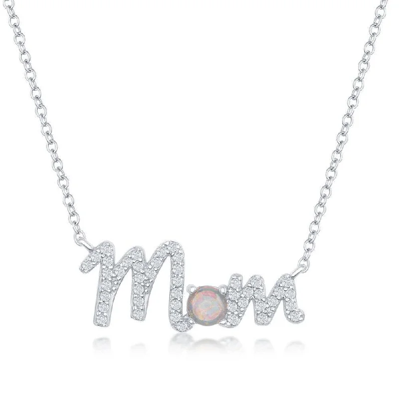 Sterling Silver Cubic Zirconia and White Opal 'Mom' Necklace