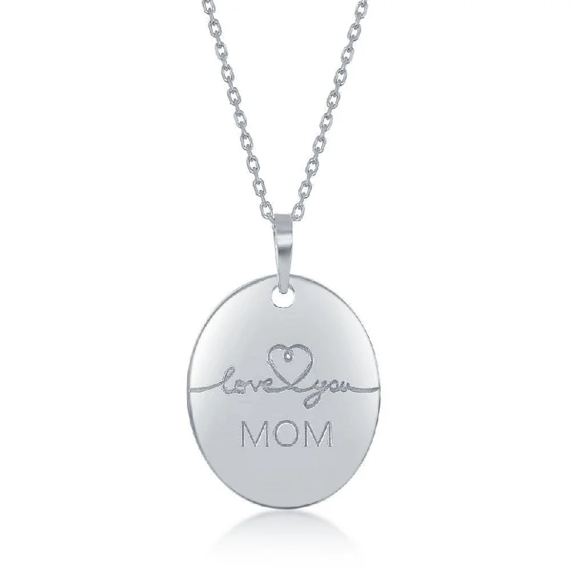 Sterling Silver Engraved  Love You Mom Oval Necklace