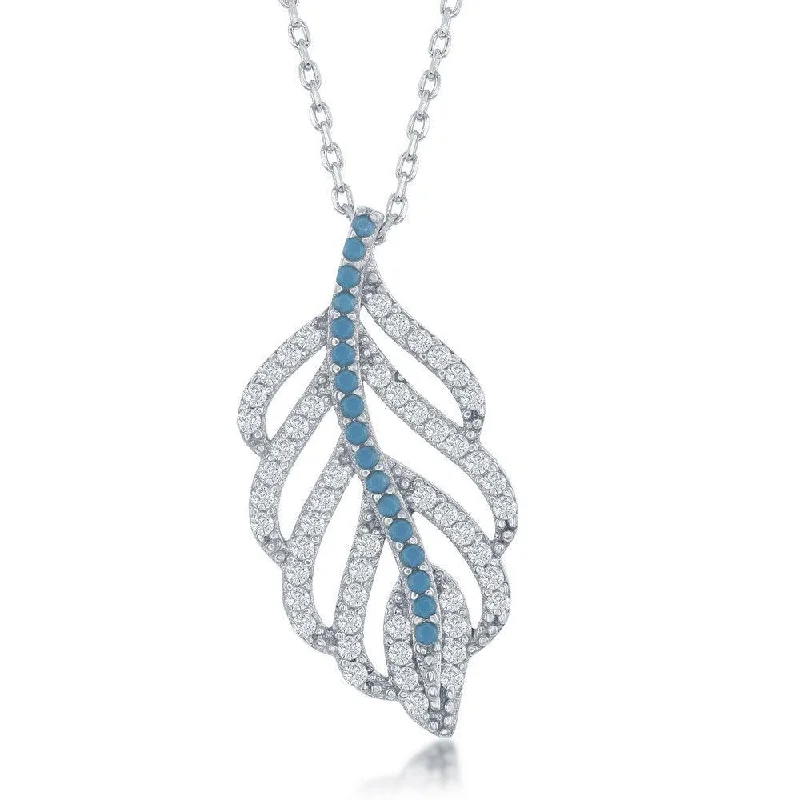 Sterling Silver Turquoise and CZ Open Leaf Design Necklace