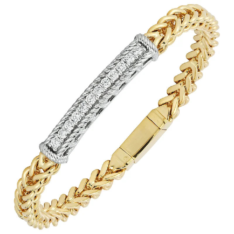 14K YELLOW GOLD 7-INCH WHEAT CHAIN BRACELET WITH PAVE DIAMOND ID BAR - 0.60CTW