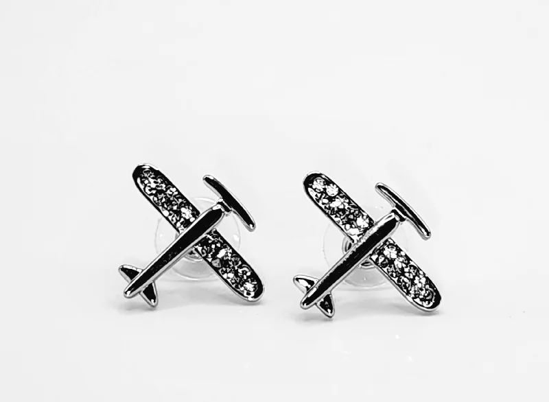 Silver Crystal Airplane Post Earrings