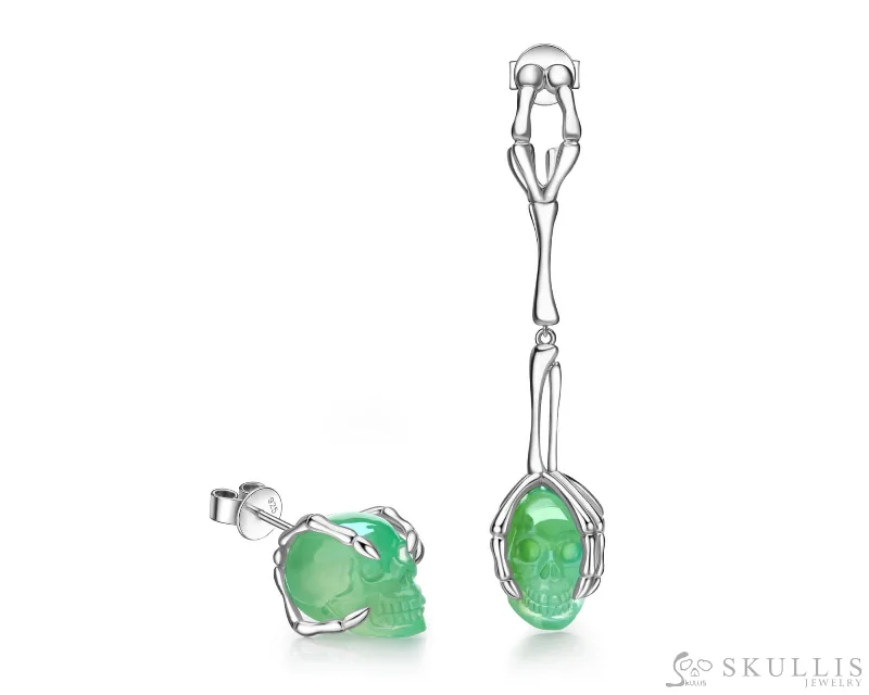 Gem Skull Earrings of Chrysoprase Carved Skull in 925 Sterling Silver