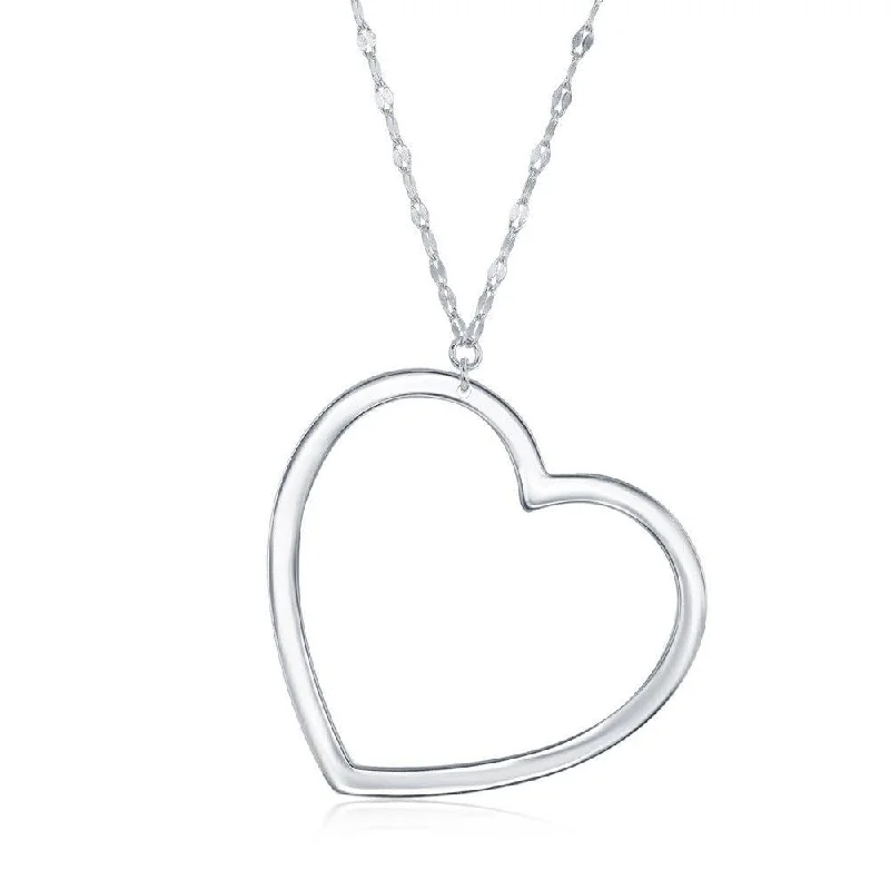 Sterling Silver Flat Large Open Heart Necklace