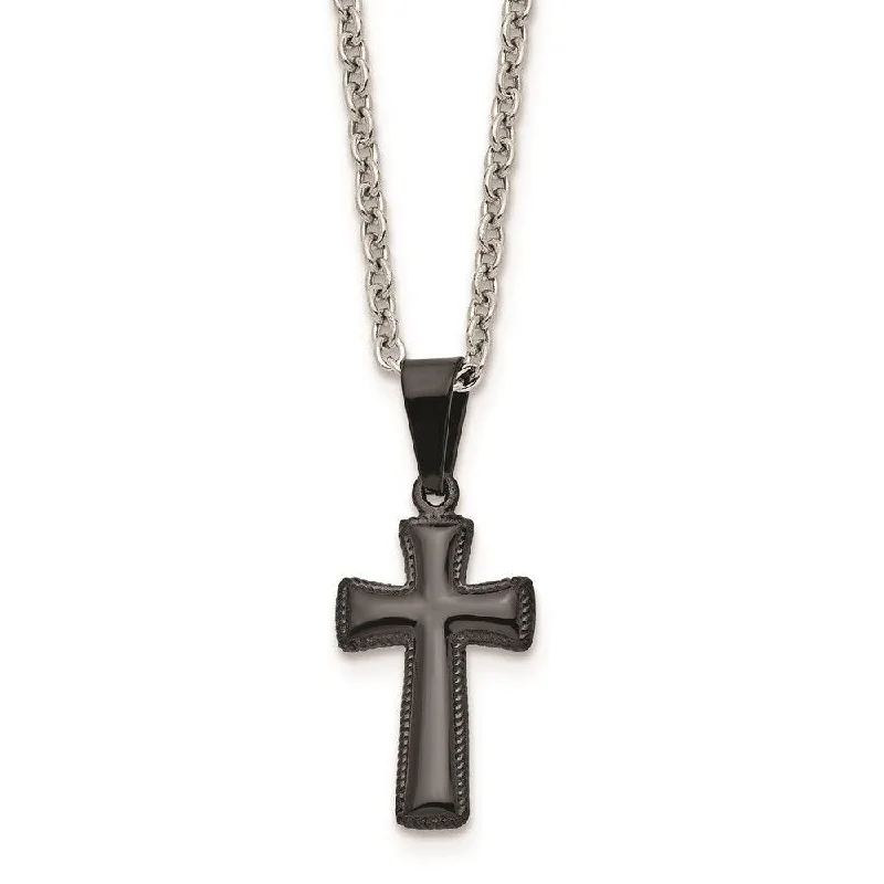 Stainless Steel Polished Black IP Small Pillow Cross Necklace