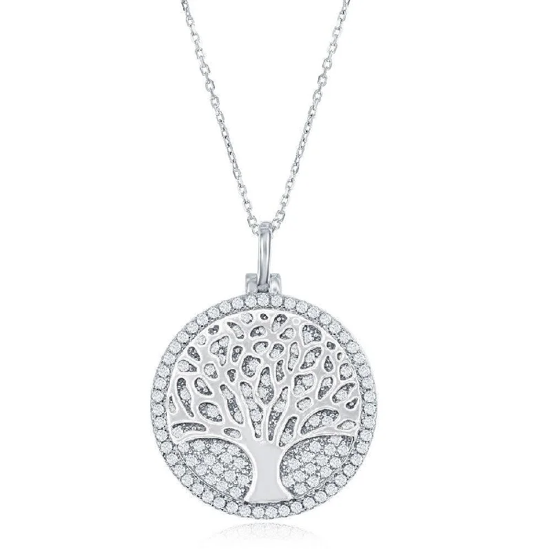 Sterling Silver Micro Pave Disc with Center Tree of Life Necklace