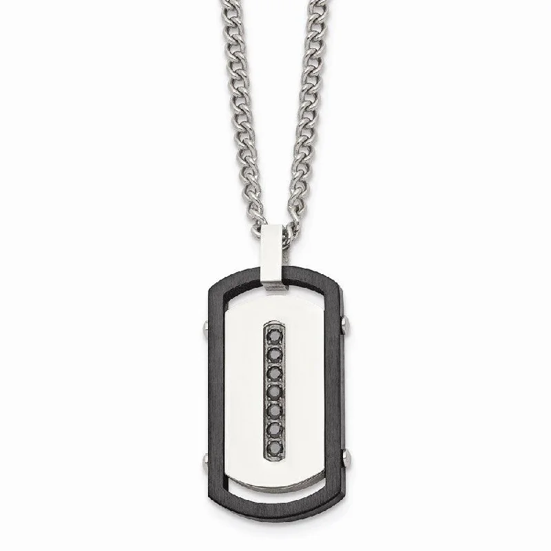 Stainless Steel Brushed/Polished Black IP Rim Black CZ Tag Necklace