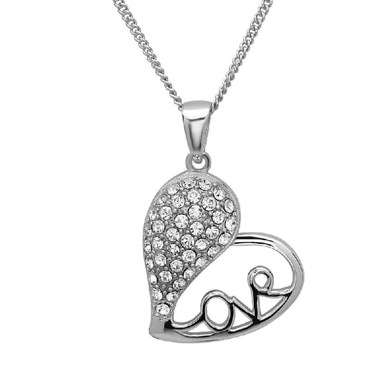 Sterling Silver Half CZ Heart and Half Open with Love Necklace