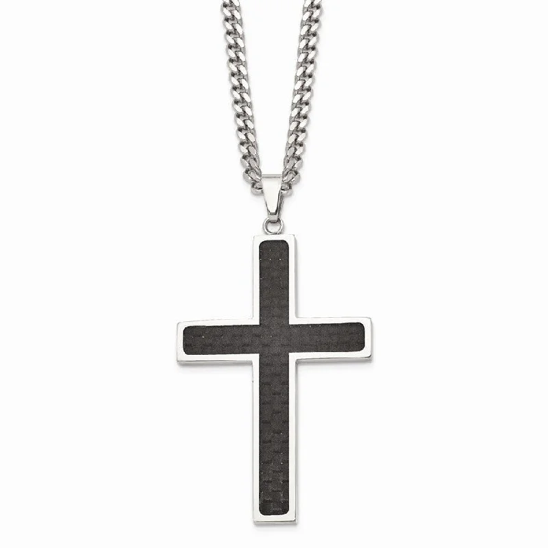 Stainless Steel Polished w/Black Carbon Fiber Cross 24in Necklace