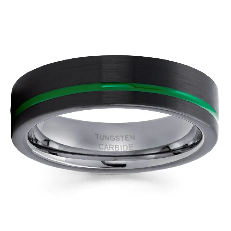 6Mm Gunmetal Black Tungsten Wedding Ring Green Inlay Comfort Fit Cobalt Free