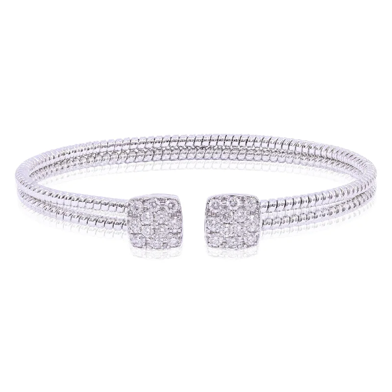 18K WHITE GOLD DOUBLE TWISTED WIRE CUFF BRACELET WITH PAVE DIAMOND SQUARE END CAPS 0.90CTW