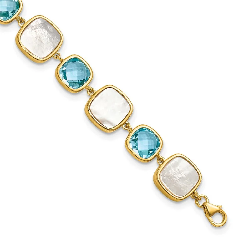 Sterling Silver Gold-plated Blue Topaz & MOP w/2 in ext. Bracelet