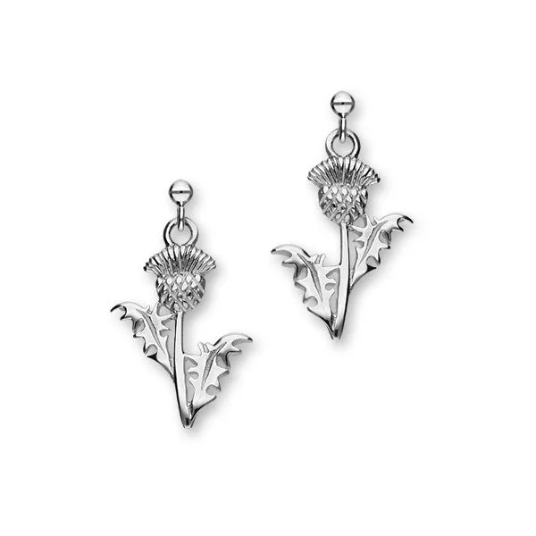 Scottish Thistle Sterling Silver Long Drop Earrings, E1013