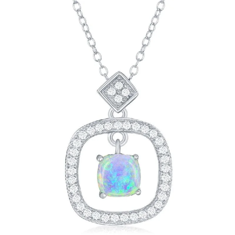 Sterling Silver Square CZ with White Inlay Opal Center Necklace