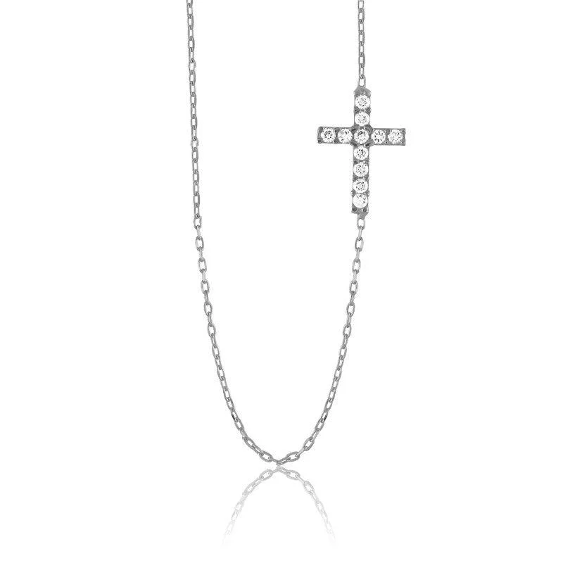 Sterling Silver Small CZ Sideways Cross Necklace