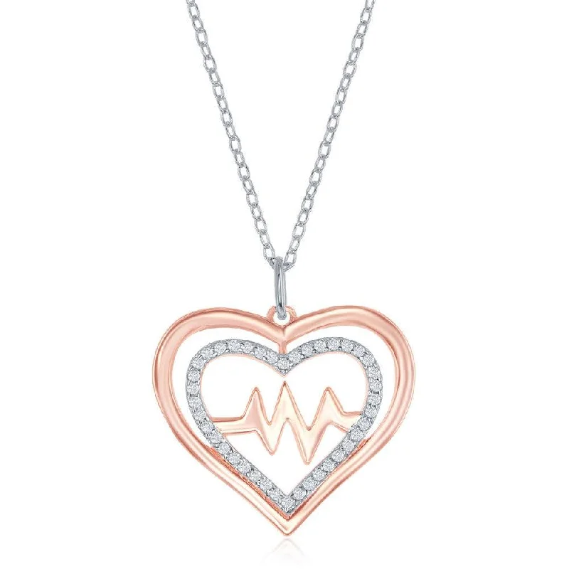 Sterling Silver Shiny and CZ Open Heart & Center Heartbeat Necklace - Rose Gold Plated