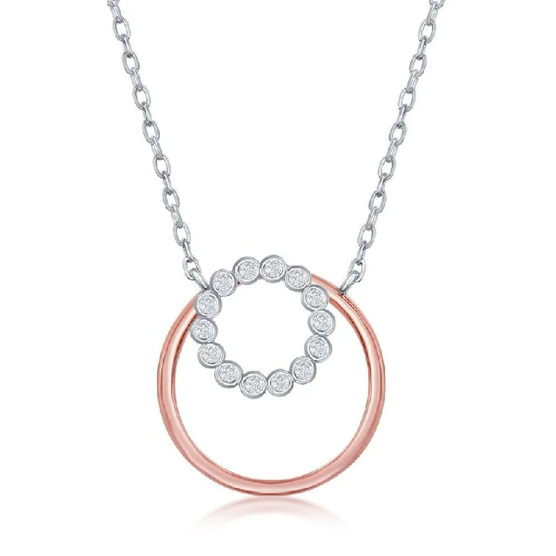 Sterling Silver Bezel-Set CZ and RG Plain Open Circle Necklace