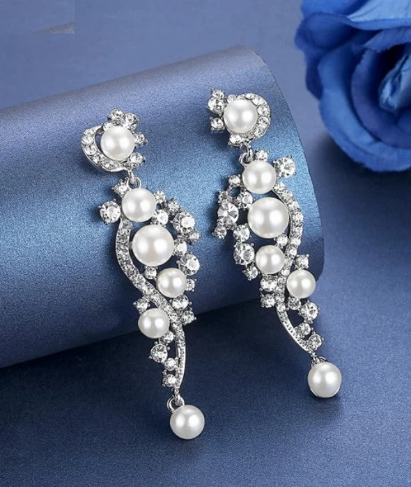 MEC-006 Crystal Pearls Long Drop Earrings Bridal Wedding Jewelry